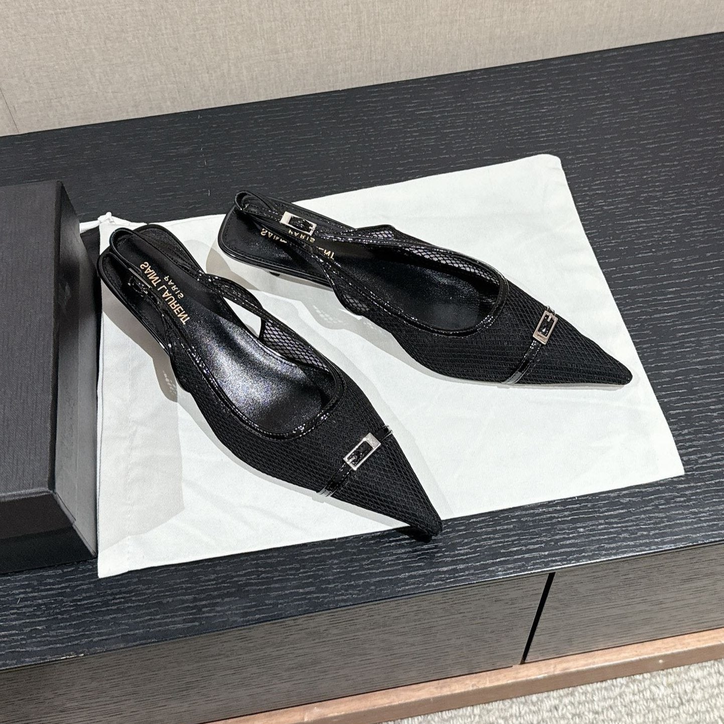 SL CHERISH BUCKLE SLINGBACK 45 BLACK MESH