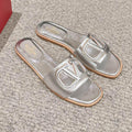 VLOGO CUT-OUT SILVER CALFSKIN SLIDE SANDAL