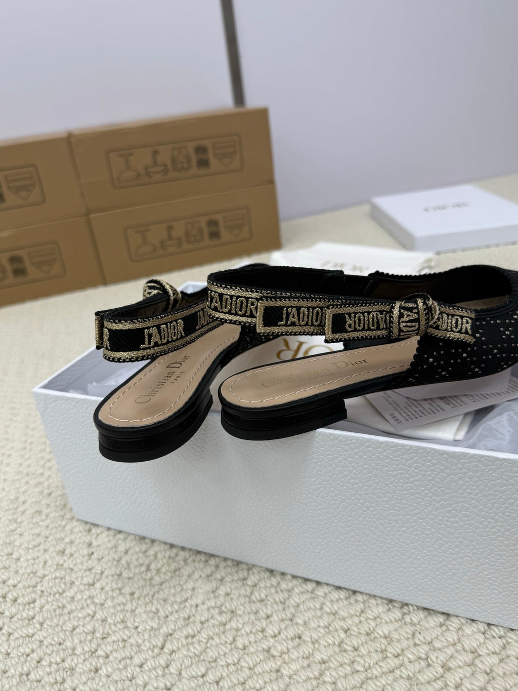DIOR FLAT SLINGBACK 25S IN BLACK FABRIC AND BRAND NAME EMBROIDERY