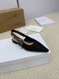 DIOR FLAT SLINGBACK 25S IN BLACK FABRIC AND BRAND NAME EMBROIDERY