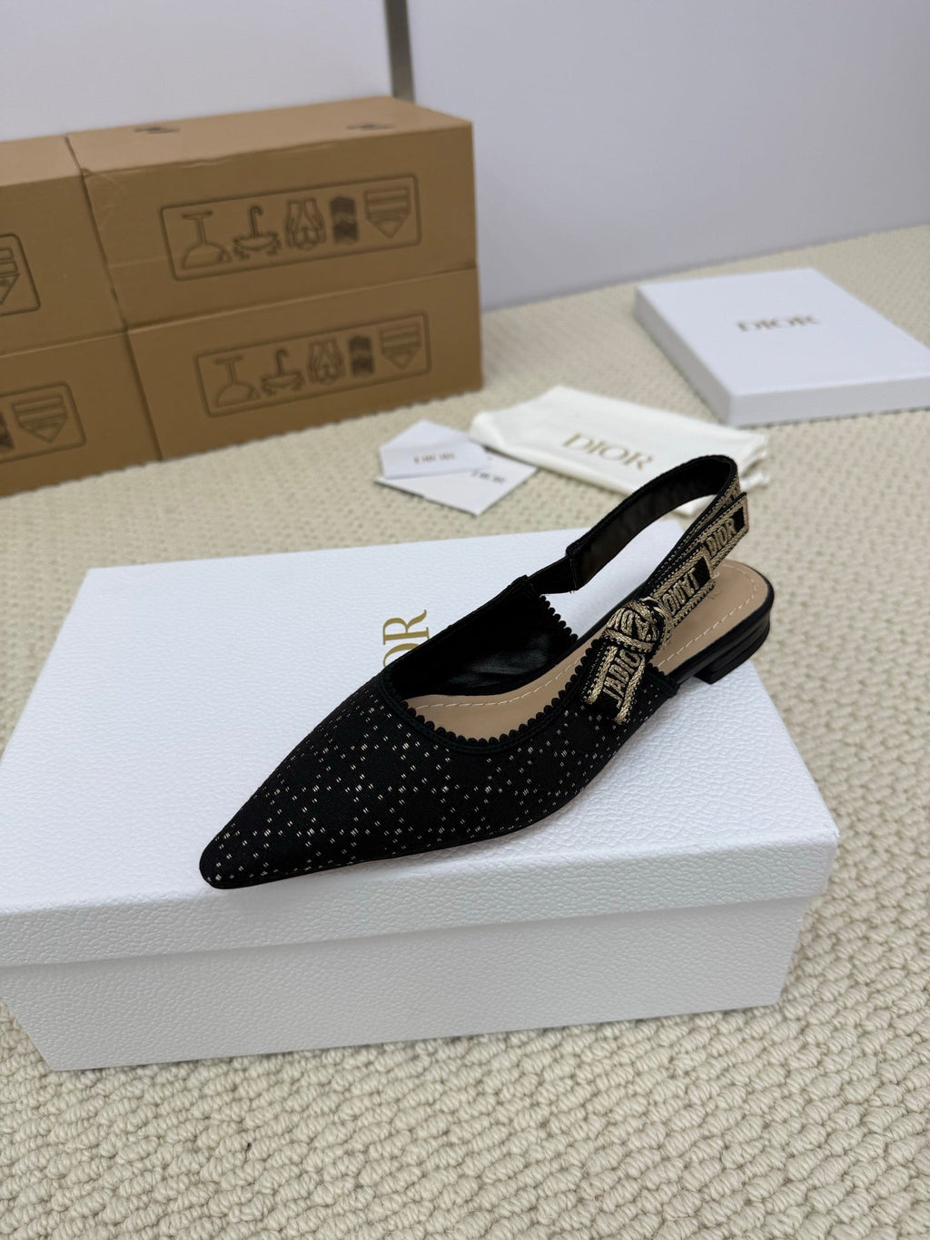 DIOR FLAT SLINGBACK 25S IN BLACK FABRIC AND BRAND NAME EMBROIDERY