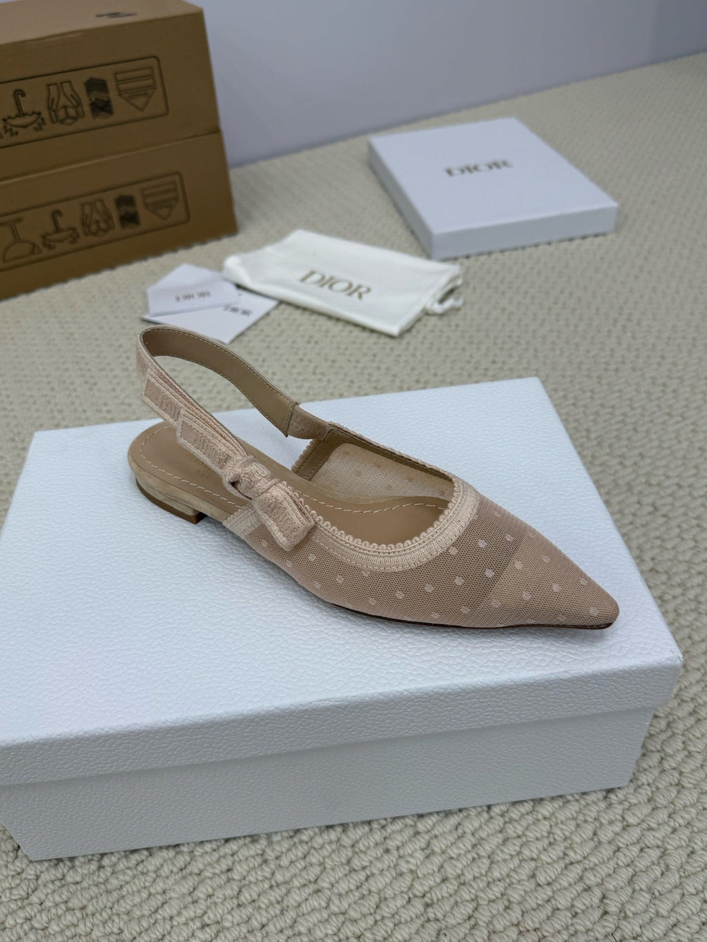 DIOR FLAT SLINGBACK 25S IN NUDE LACE NET FABRIC AND SUEDE