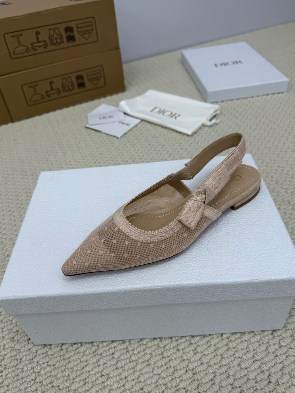 DIOR FLAT SLINGBACK 25S IN NUDE LACE NET FABRIC AND SUEDE