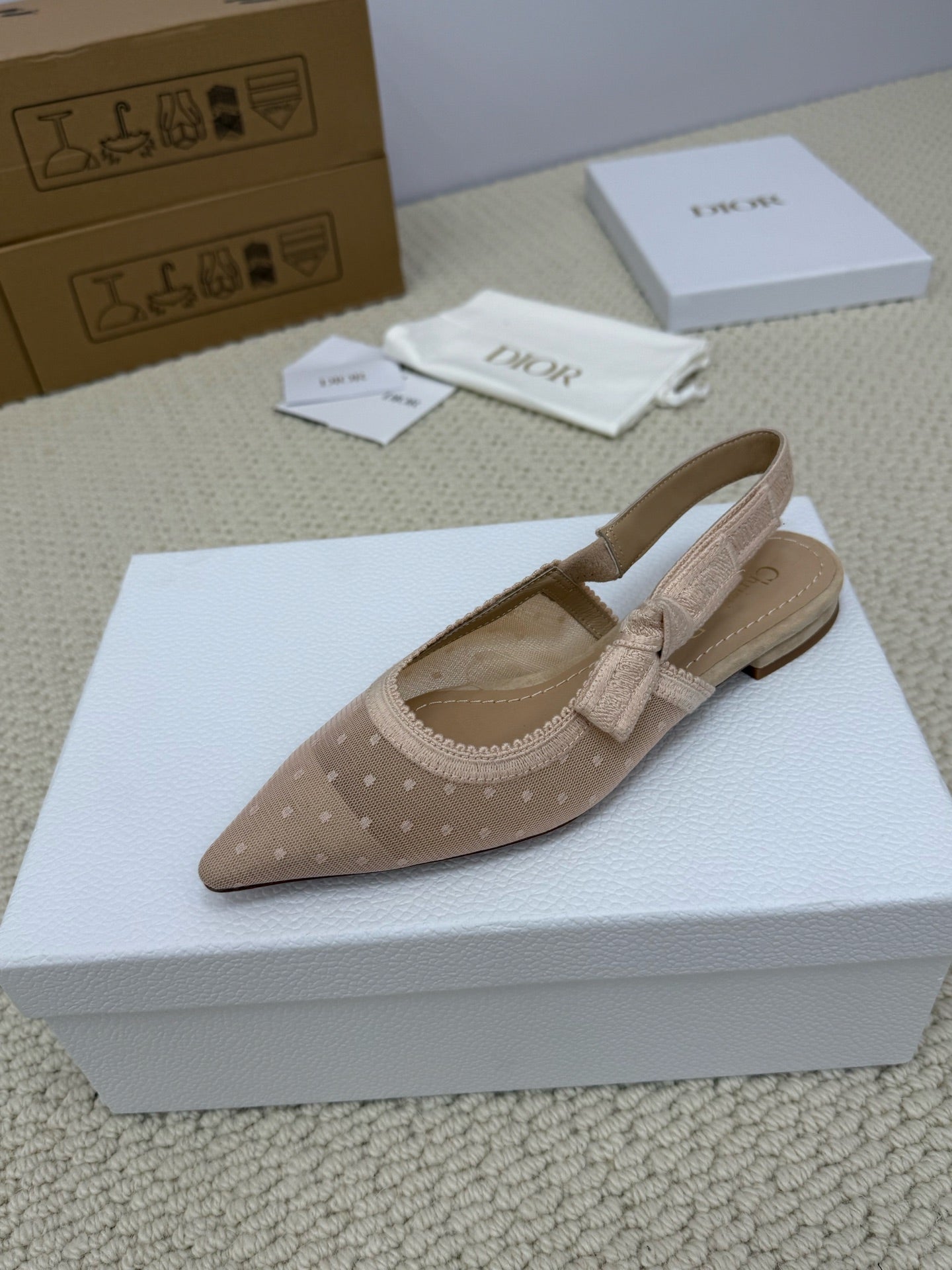 DIOR FLAT SLINGBACK 25S IN NUDE LACE NET FABRIC AND SUEDE
