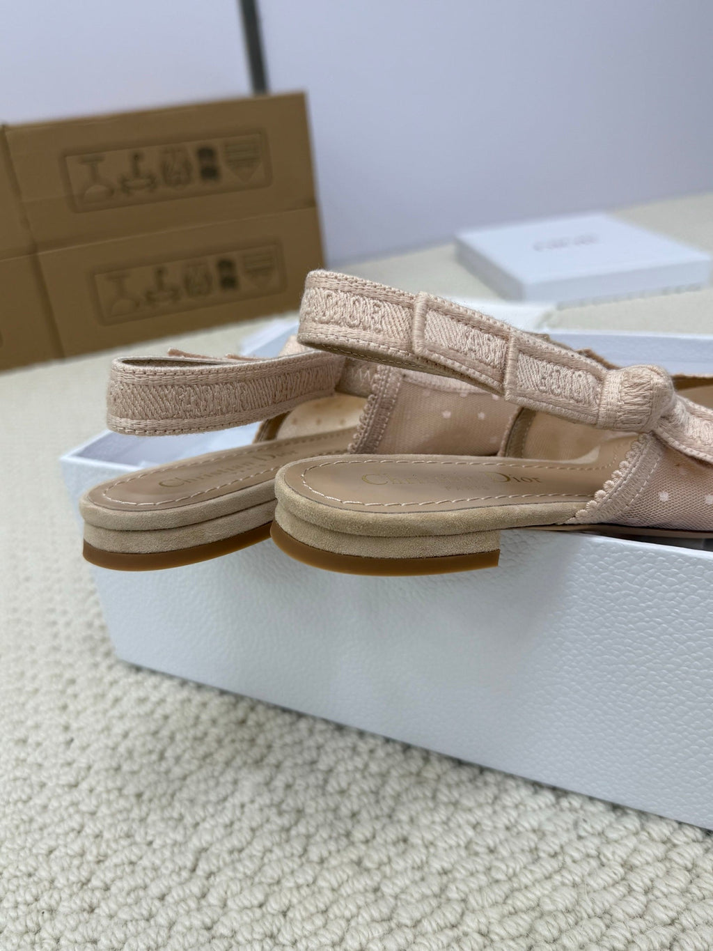 DIOR FLAT SLINGBACK 25S IN NUDE LACE NET FABRIC AND SUEDE