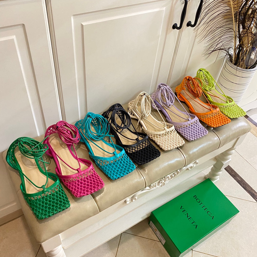 STRETCH LACE-UP FLAT SANDAL IN CERULEAN BLUE METALLIZED MESH AND LEATHER