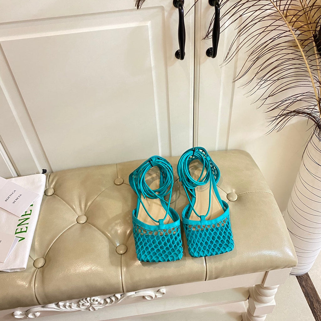 STRETCH LACE-UP FLAT SANDAL IN CERULEAN BLUE METALLIZED MESH AND LEATHER