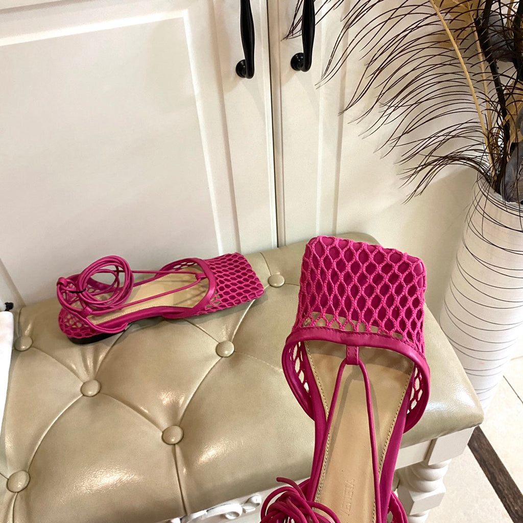 STRETCH LACE-UP FLAT SANDAL IN BRIGHT PINK METALLIZED MESH AND LEATHER