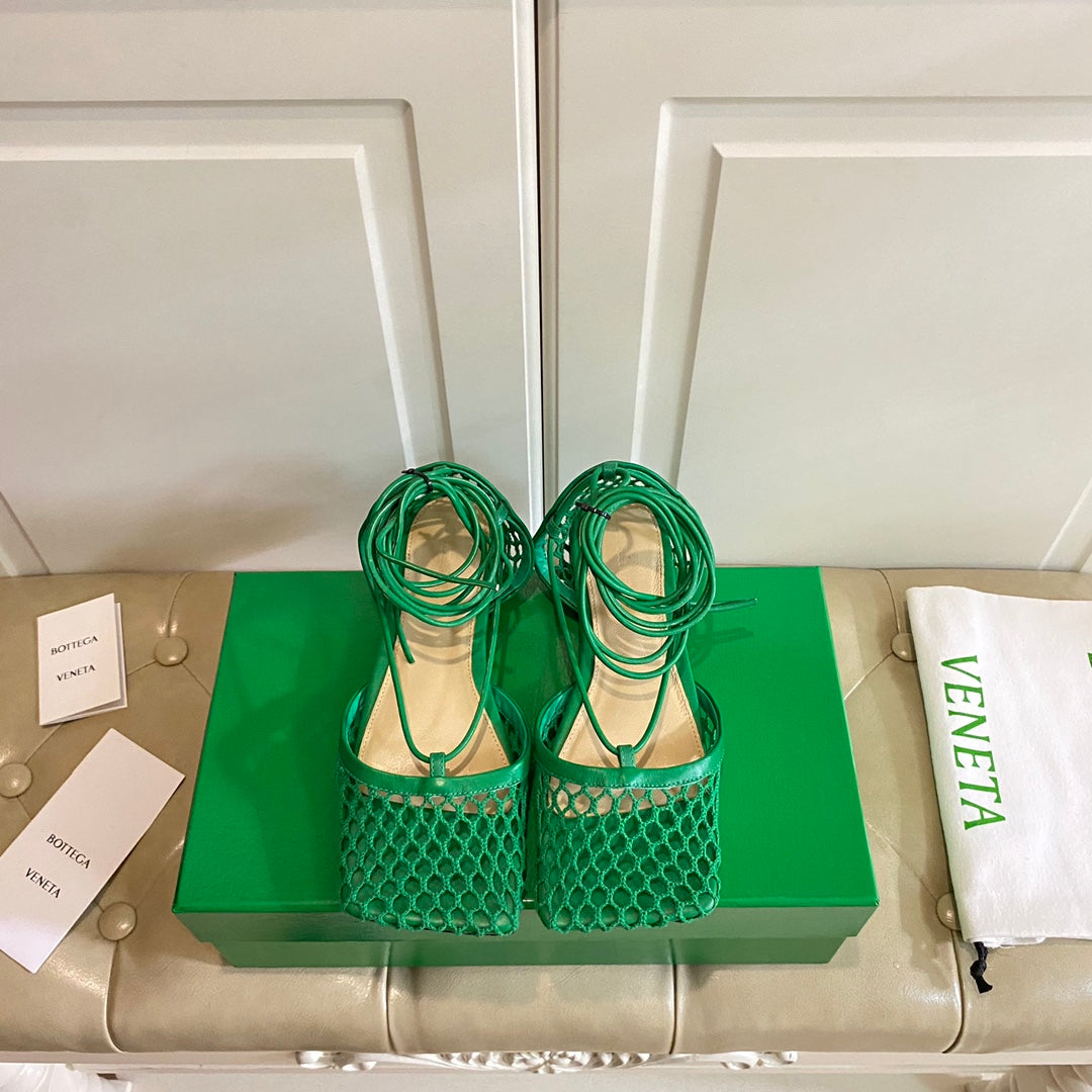 STRETCH LACE-UP FLAT SANDAL IN COOL GREEN METALLIZED MESH AND LEATHER