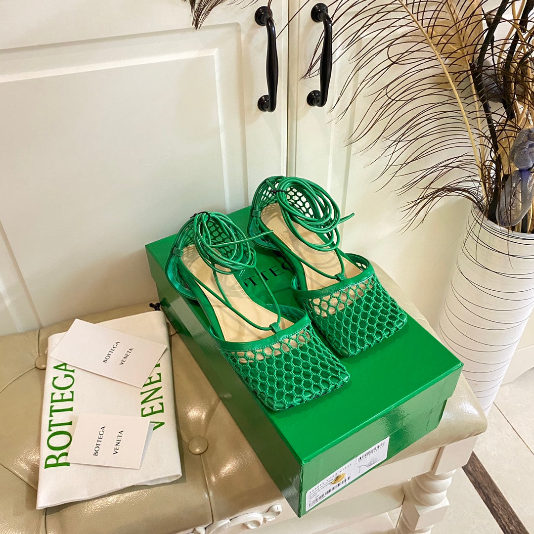 STRETCH LACE-UP FLAT SANDAL IN COOL GREEN METALLIZED MESH AND LEATHER