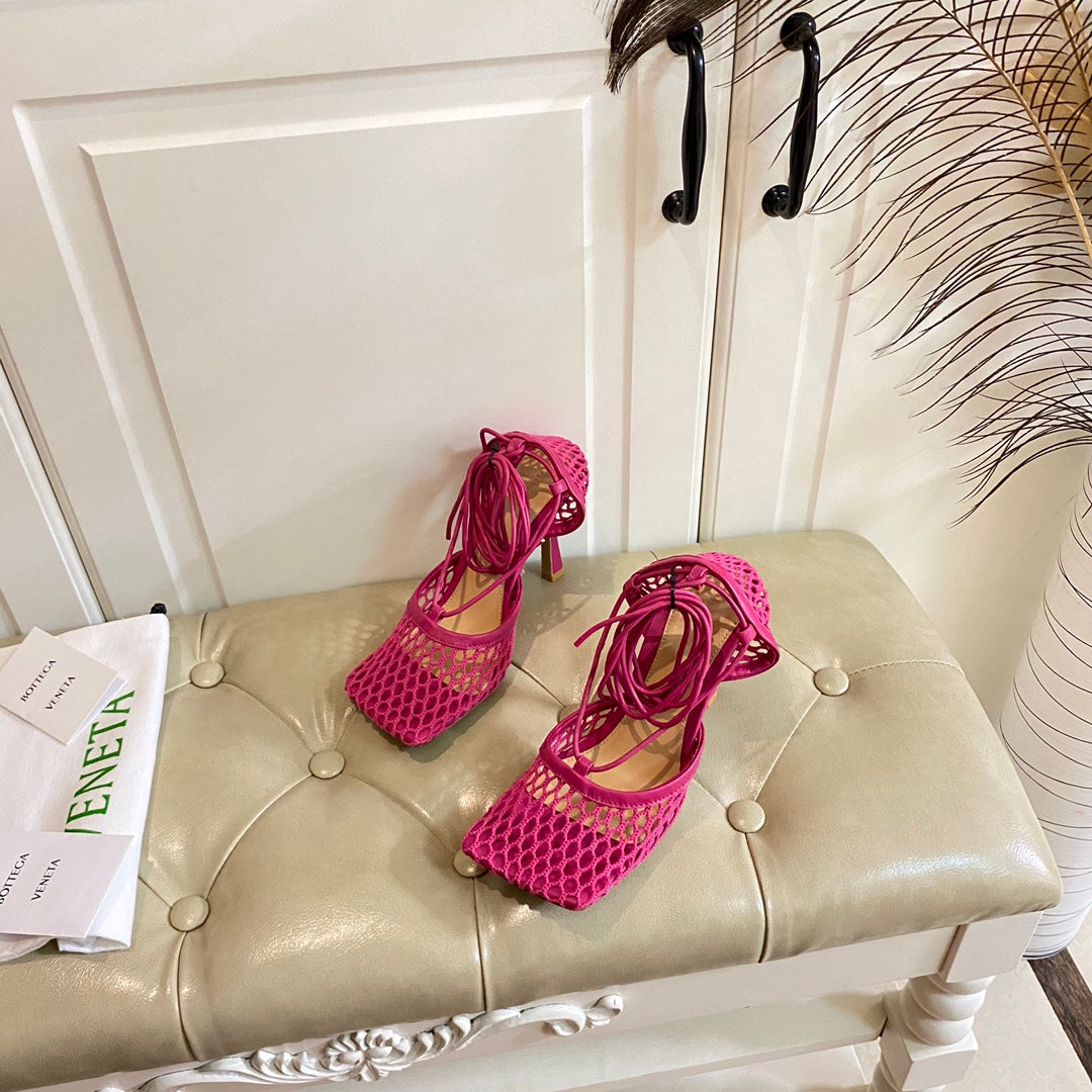 STRETCH LACE-UP SANDAL IN BRIGHT PINK METALLIZED MESH AND LEATHER 9 CM