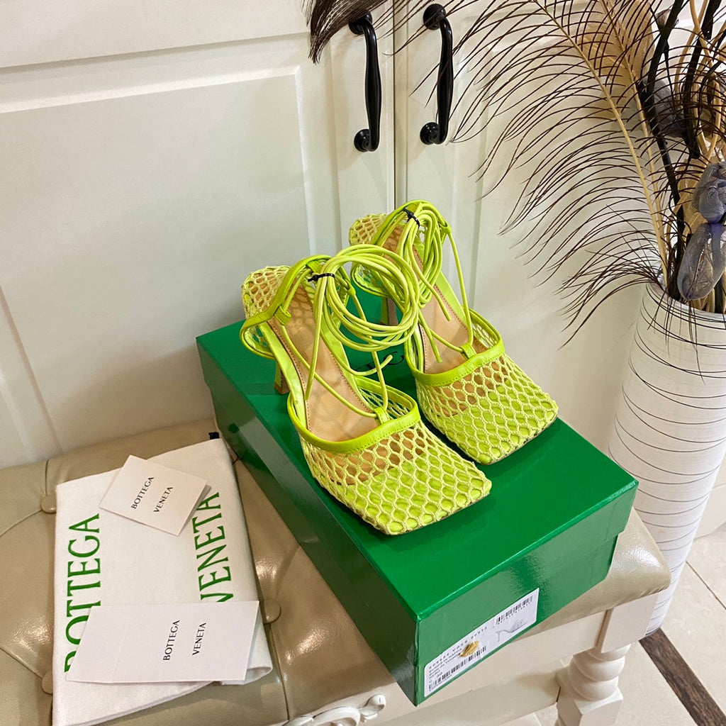 STRETCH LACE-UP SANDAL IN NEON GREEN METALLIZED MESH AND LEATHER 9 CM