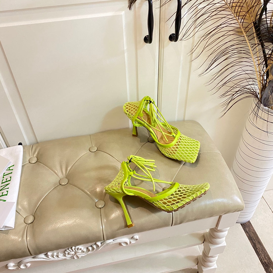 STRETCH LACE-UP SANDAL IN NEON GREEN METALLIZED MESH AND LEATHER 9 CM