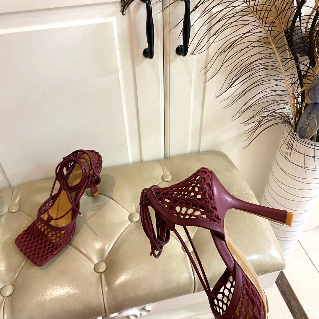 STRETCH LACE-UP SANDAL IN WINE RED METALLIZED MESH AND LEATHER 9 CM