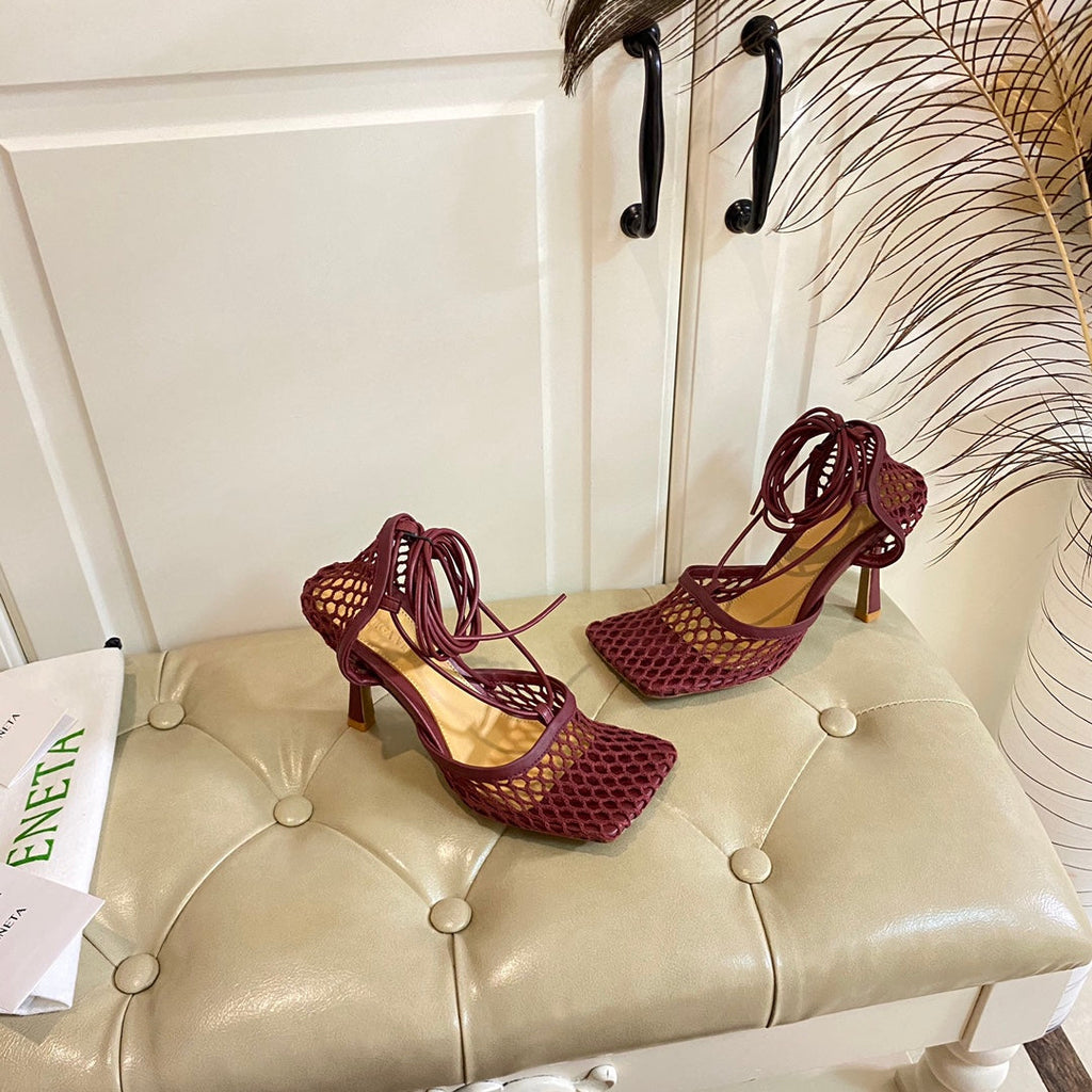 STRETCH LACE-UP SANDAL IN WINE RED METALLIZED MESH AND LEATHER 9 CM