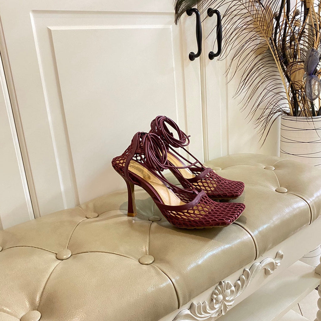 STRETCH LACE-UP SANDAL IN WINE RED METALLIZED MESH AND LEATHER 9 CM