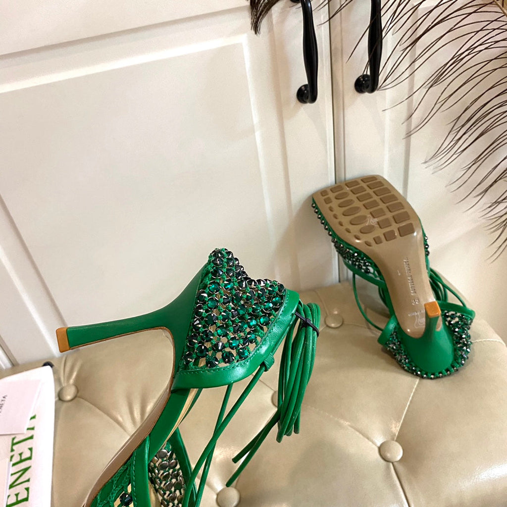 LACE-UP SANDAL IN COOL GREEN METALLIZED MESH AND LEATHER WITH RHINSTONES 9 CM