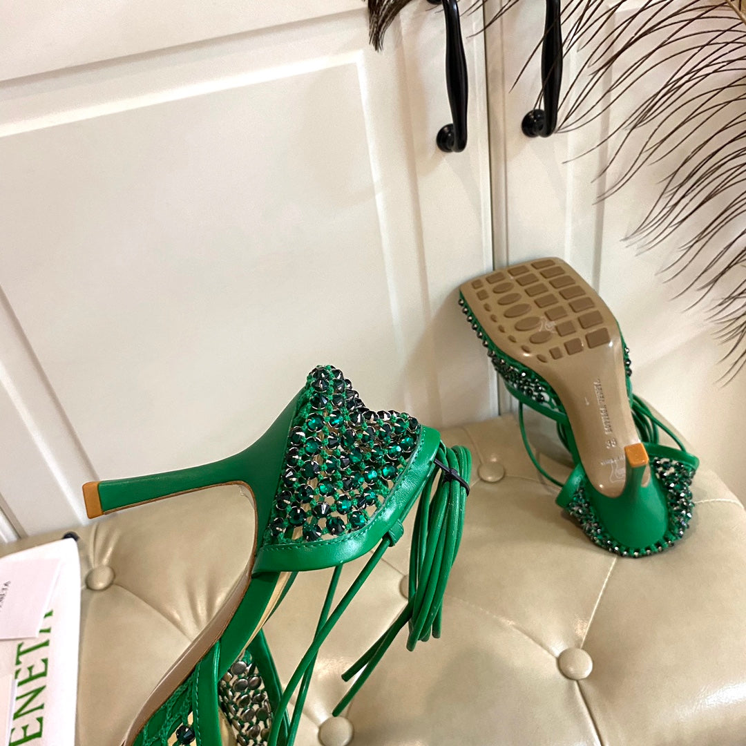 LACE-UP SANDAL IN COOL GREEN METALLIZED MESH AND LEATHER WITH RHINSTONES 9 CM