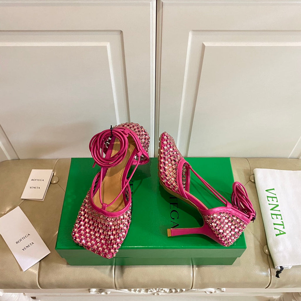 LACE-UP SANDAL IN PUNCH PINK METALLIZED MESH AND LEATHER WITH RHINSTONES 9 CM