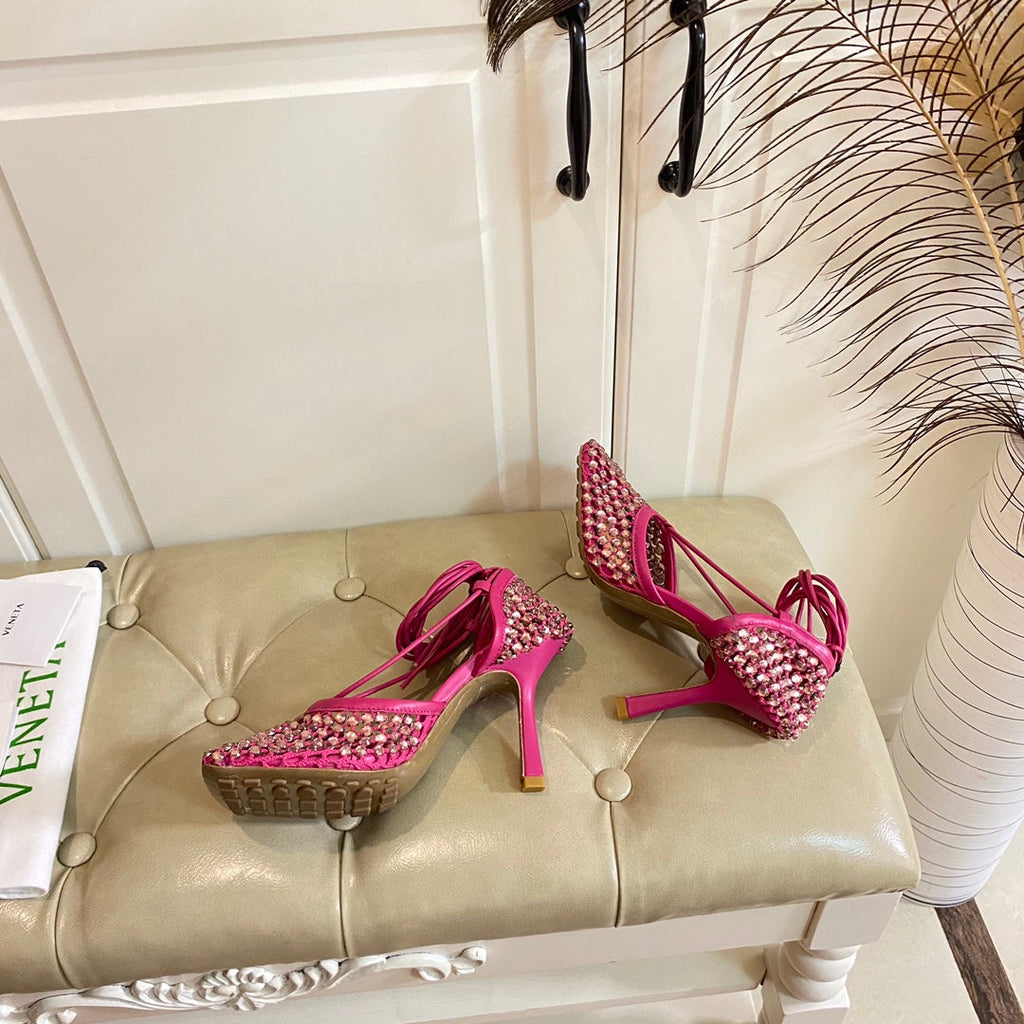 LACE-UP SANDAL IN PUNCH PINK METALLIZED MESH AND LEATHER WITH RHINSTONES 9 CM