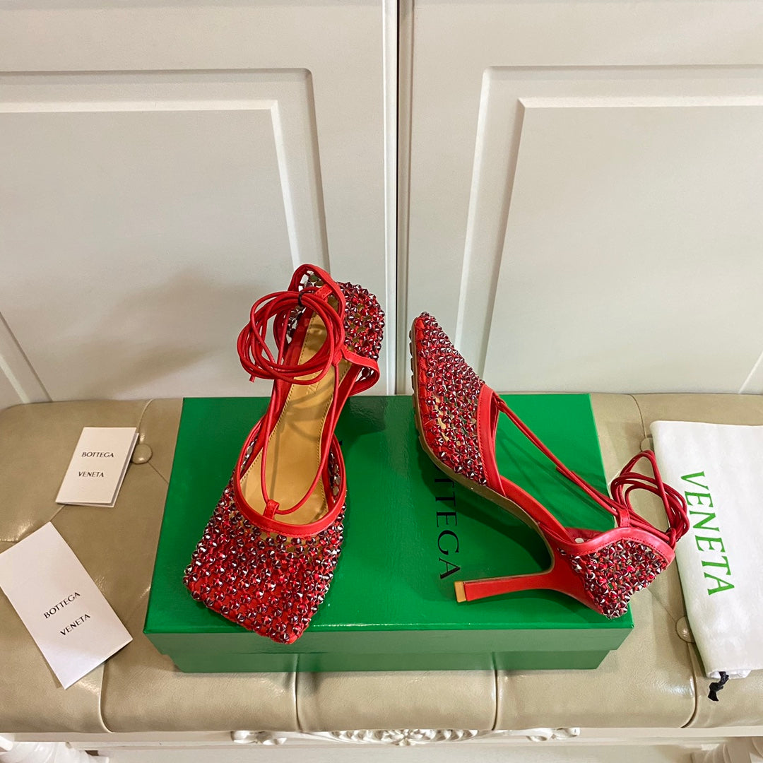 LACE-UP SANDAL IN CRIMSON RED METALLIZED MESH AND LEATHER WITH RHINSTONES 9 CM