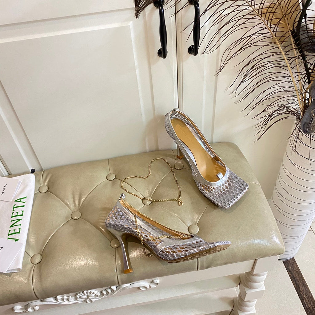 STRETCH LACE-UP SANDAL IN SILVER METALLIZED MESH AND LEATHER 9 CM