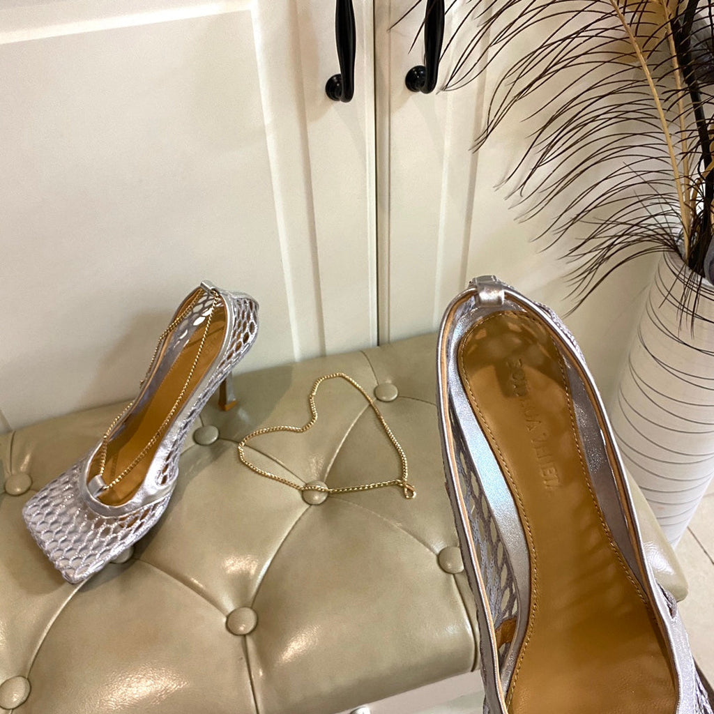 STRETCH LACE-UP SANDAL IN SILVER METALLIZED MESH AND LEATHER 9 CM