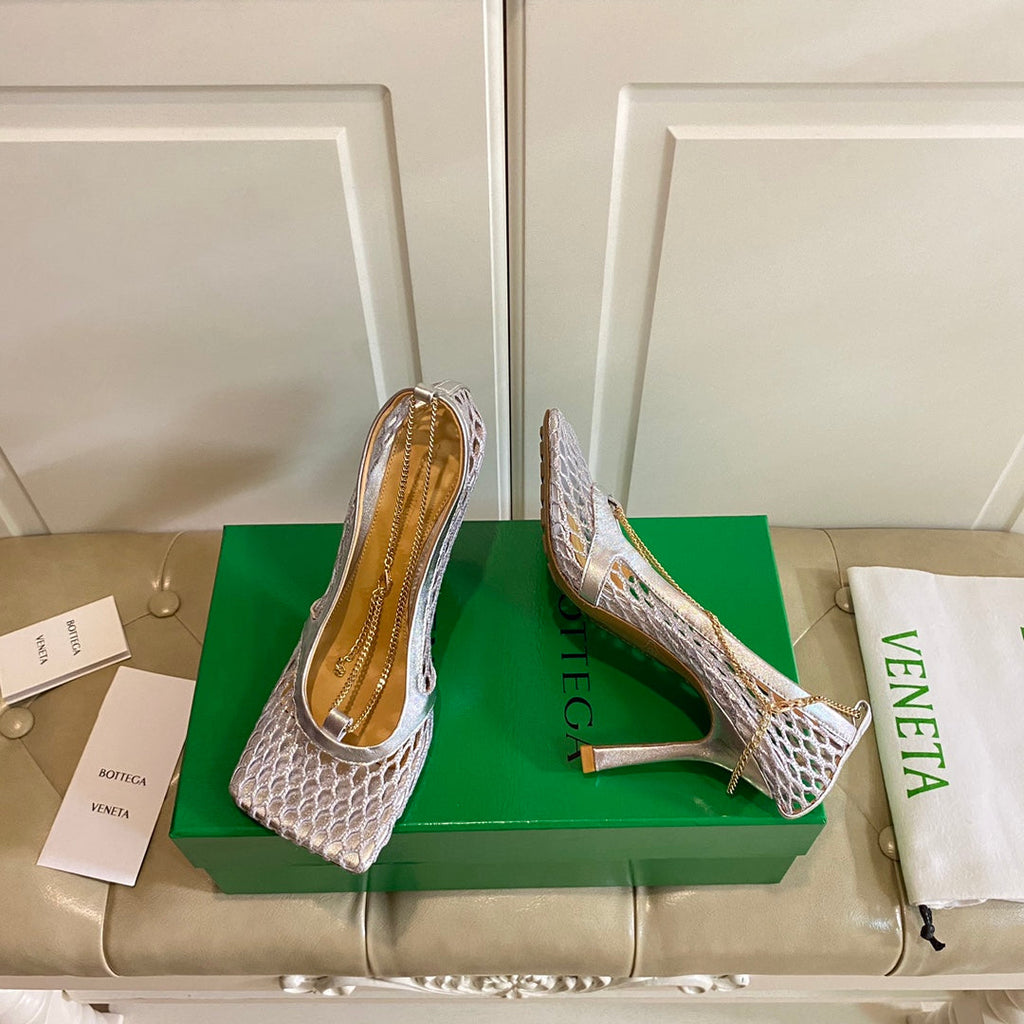 STRETCH LACE-UP SANDAL IN SILVER METALLIZED MESH AND LEATHER 9 CM