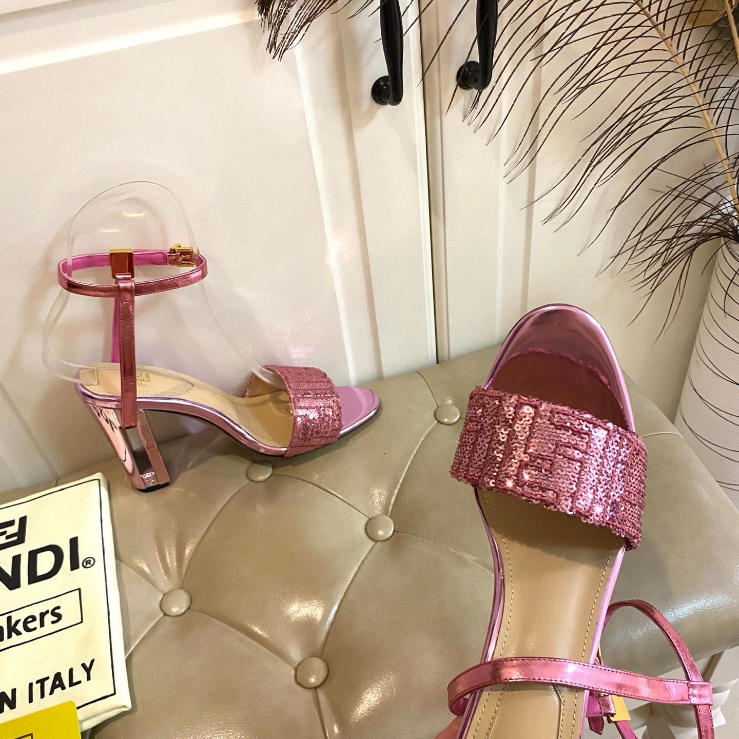 FF FIRST HIGH-HEEL 100MM IN METALLIC PINK CALFSKIN AND SEQUIN