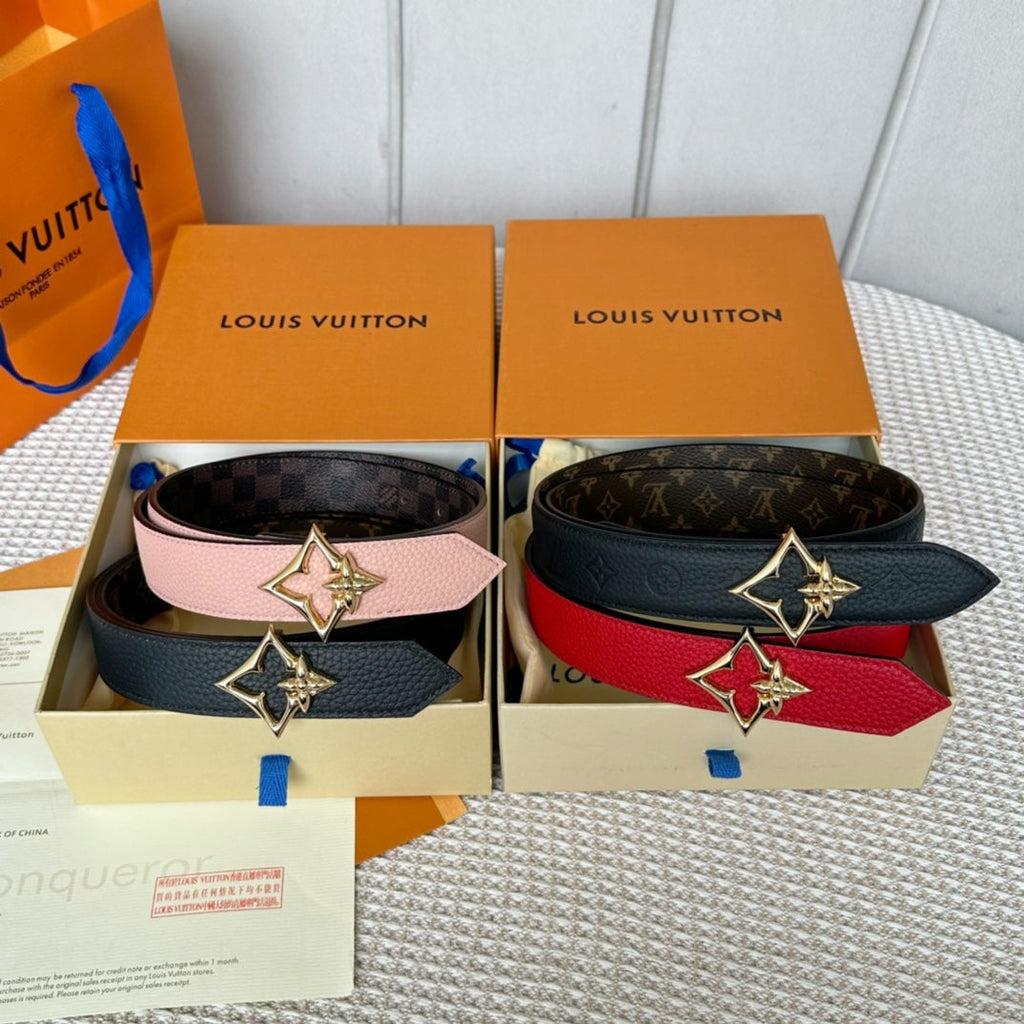 LV FLOWERGRAM 30MM REVERSIBLE BELT IN BLACK CALFSKIN GOLD HARDWARE
