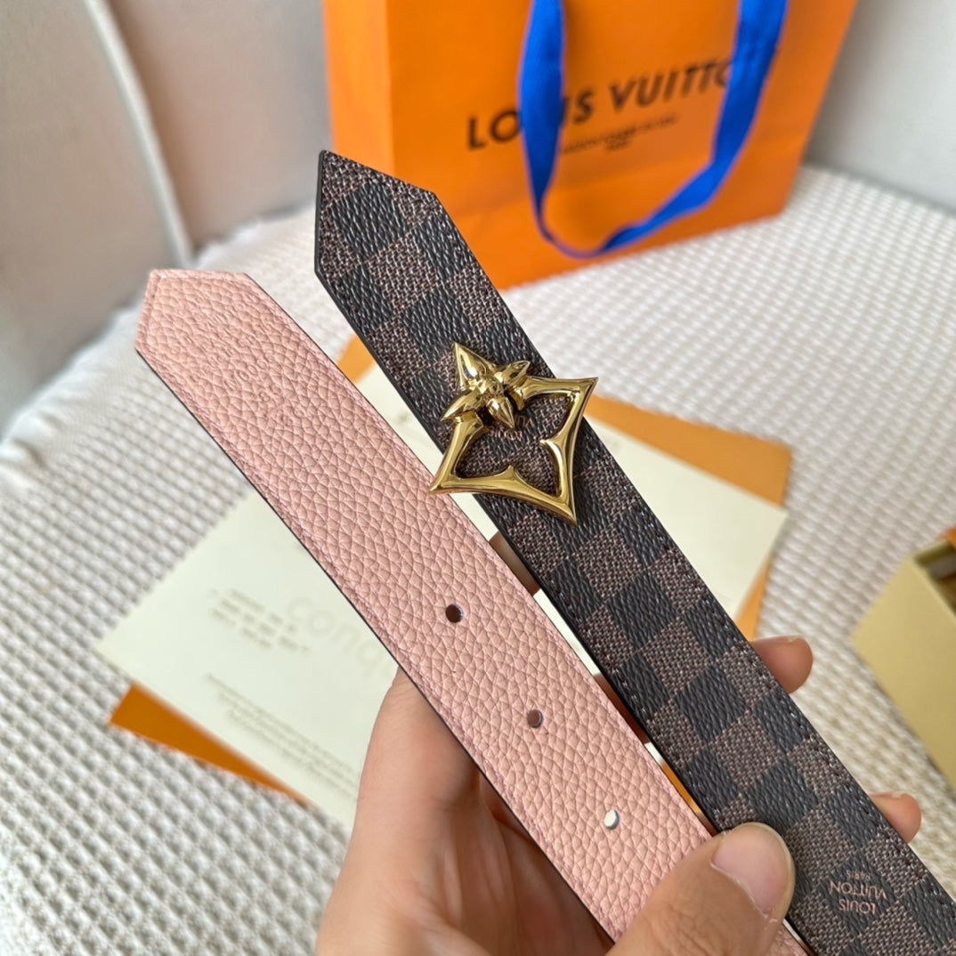 LV FLOWERGRAM 30MM REVERSIBLE BELT IN LIGHT PINK CALFSKIN GOLD HARDWARE