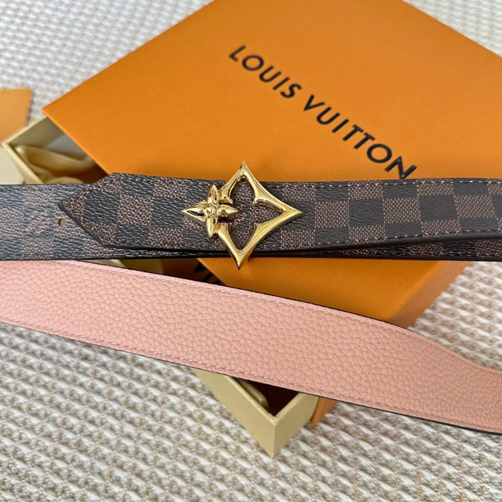 LV FLOWERGRAM 30MM REVERSIBLE BELT IN LIGHT PINK CALFSKIN GOLD HARDWARE