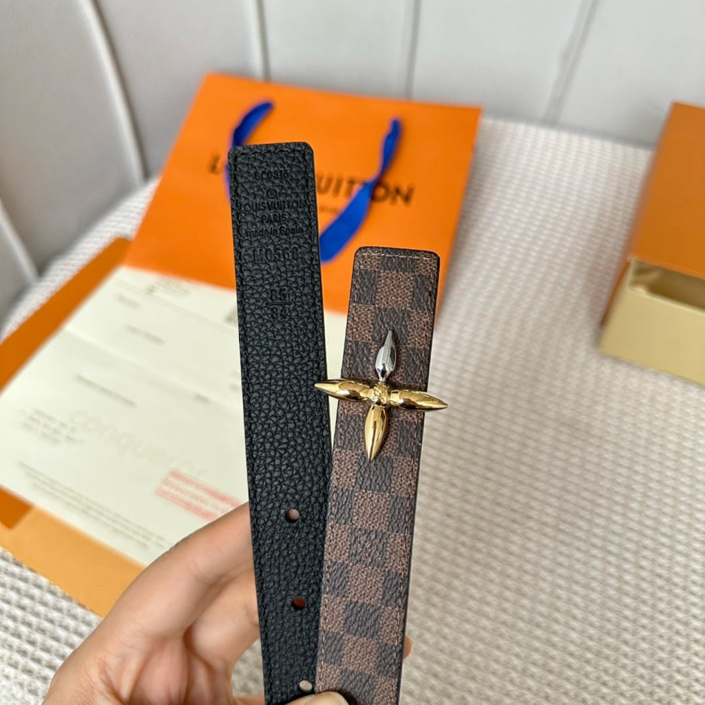 LV FLOWERGRAM 25 MM REVERSIBLE BELT IN BROWN DAMIER CALFSKIN GOLD MIX SILVER HARDWARE