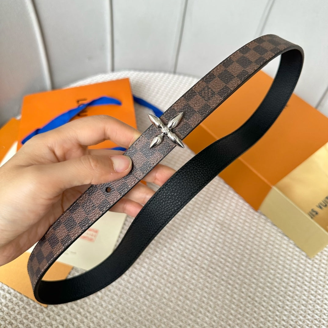 LV FLOWERGRAM 25 MM REVERSIBLE BELT IN BROWN DAMIER CALFSKIN SILVER HARDWARE