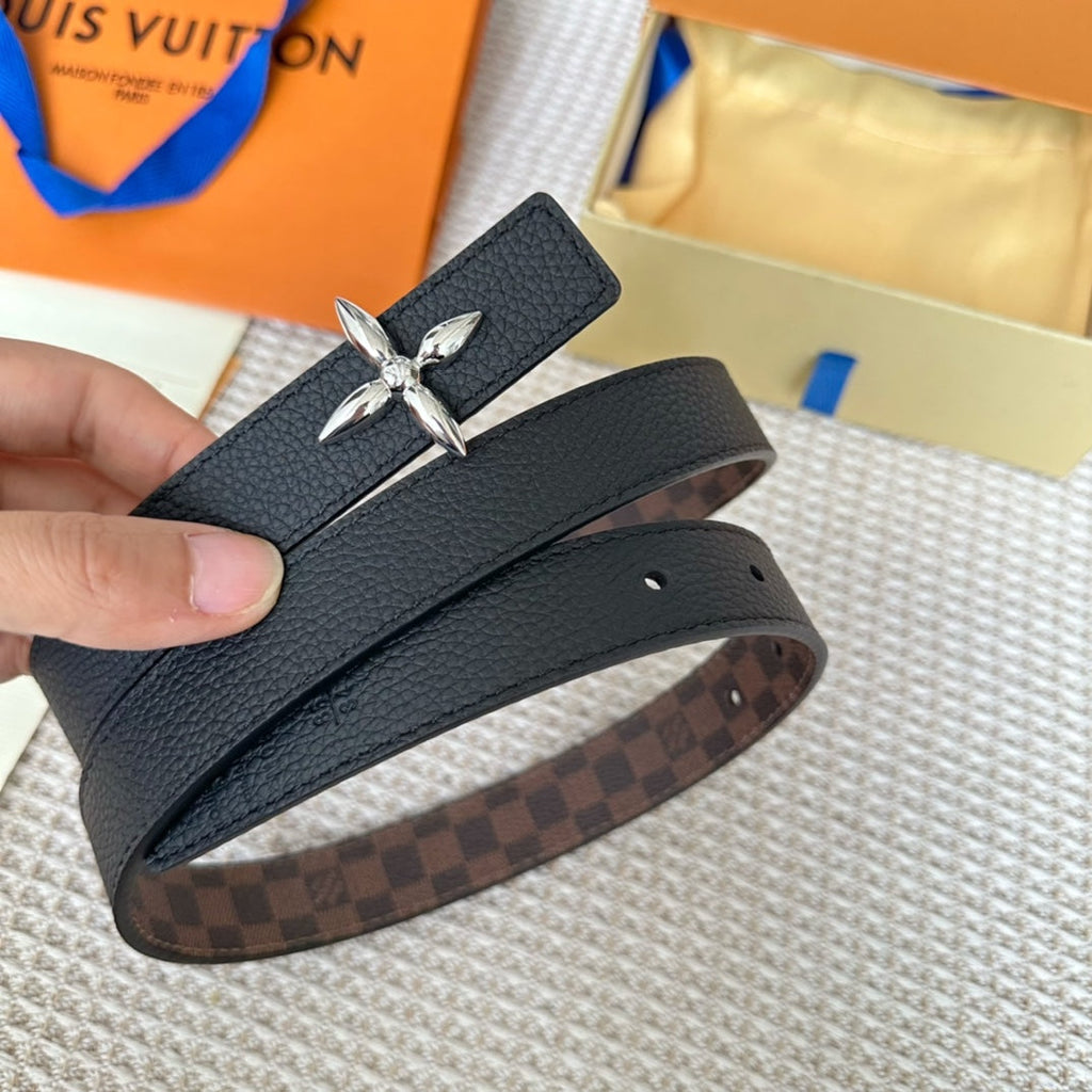 LV FLOWERGRAM 25 MM REVERSIBLE BELT IN BROWN DAMIER CALFSKIN SILVER HARDWARE