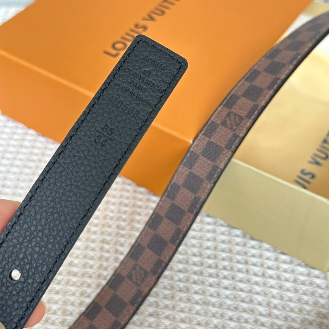 LV FLOWERGRAM 25 MM REVERSIBLE BELT IN BROWN DAMIER CALFSKIN SILVER HARDWARE