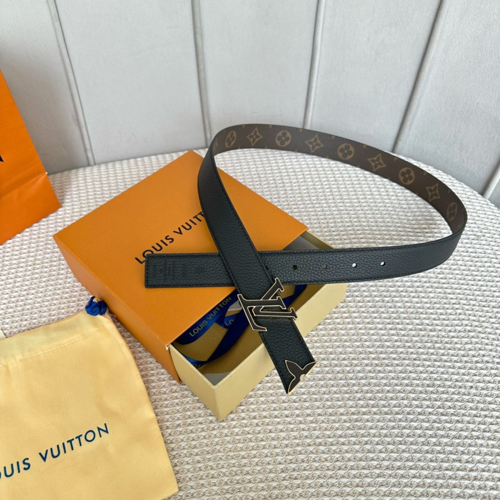 Pretty LV 30mm Reversible Belt Black Gold Buckle Black Brown Leather
