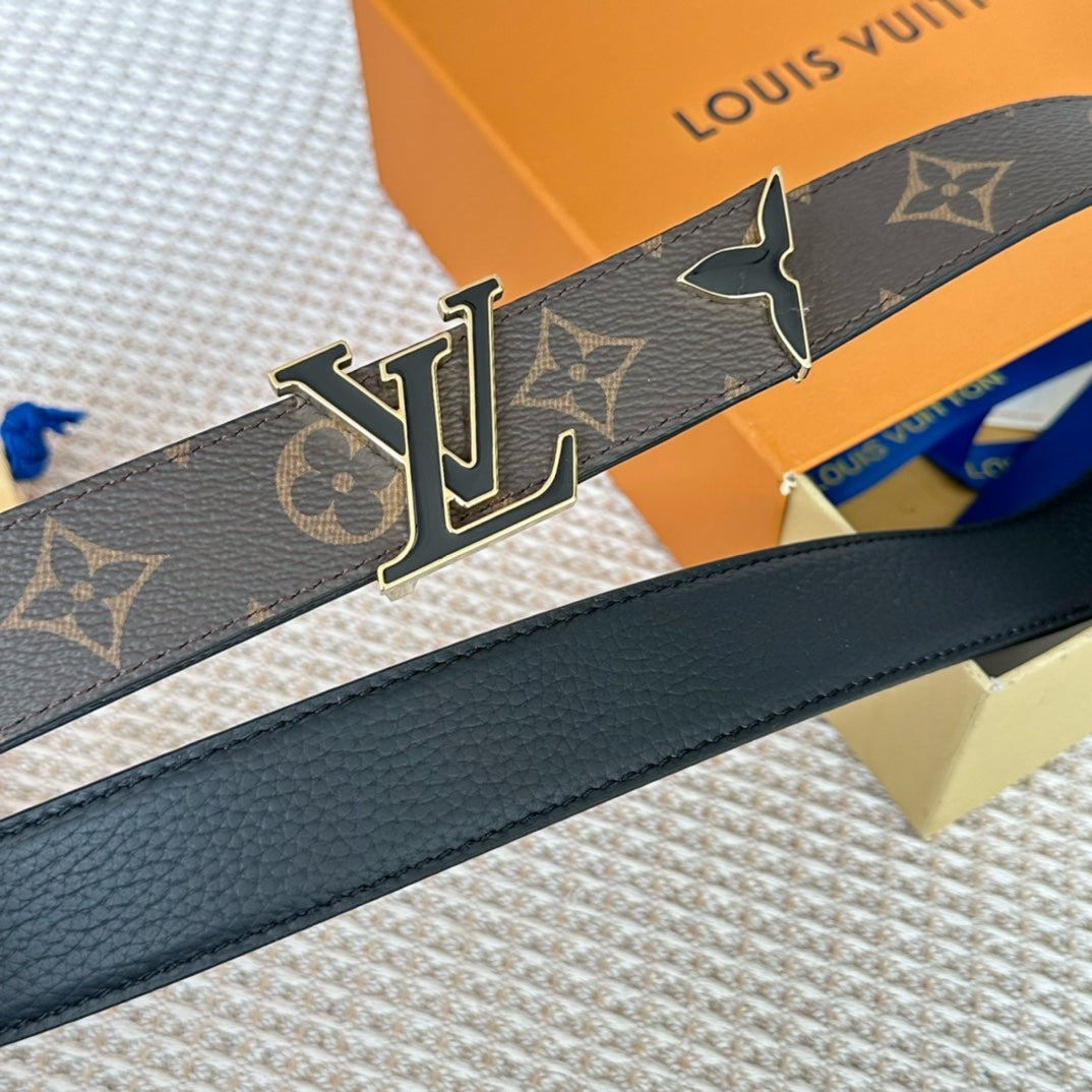 Pretty LV 30mm Reversible Belt Black Gold Buckle Black Brown Leather