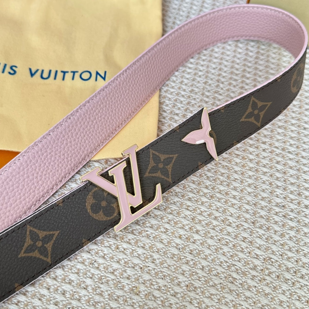 Pretty LV 30mm Reversible Belt Pink Gold Buckle Pink Brown Leather