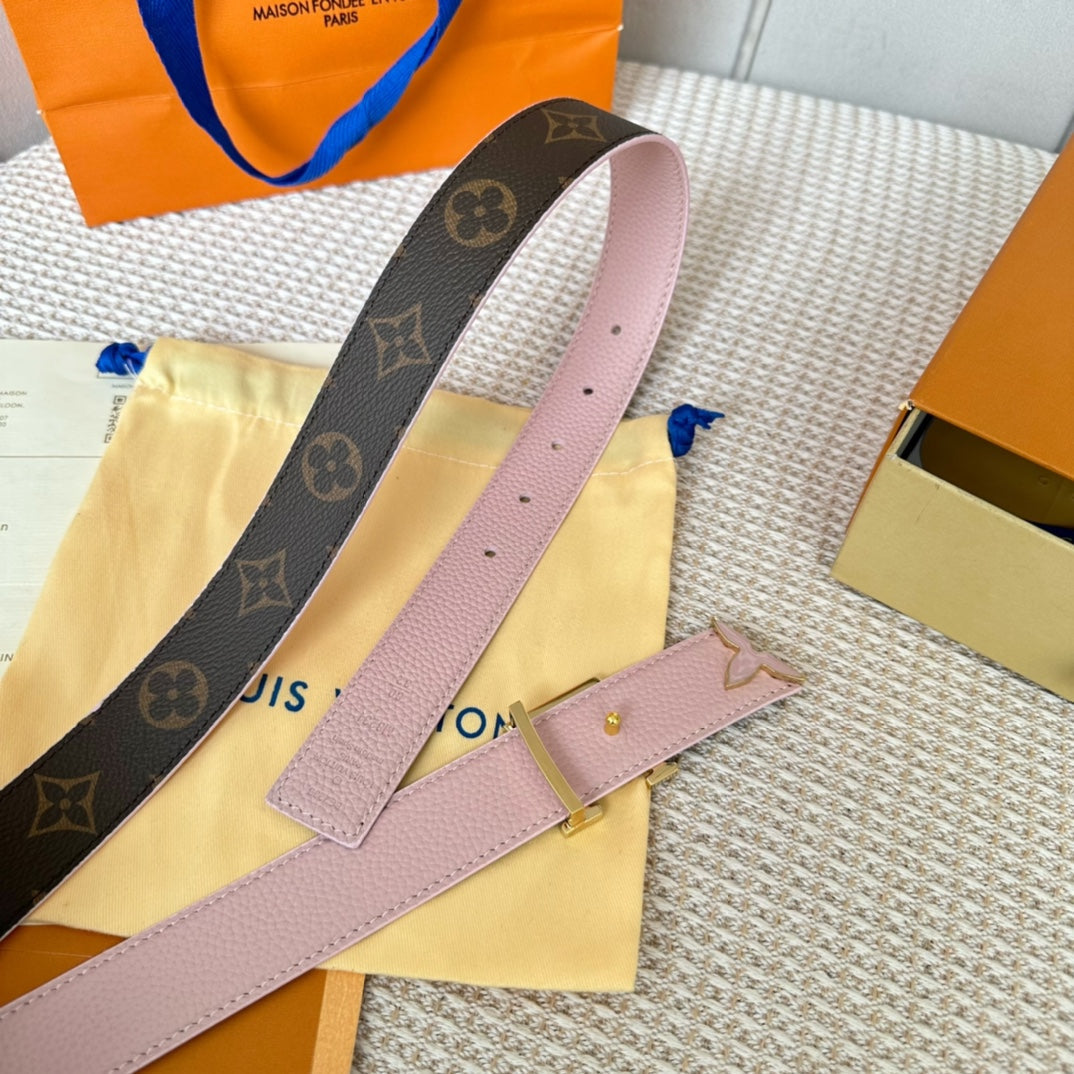 Pretty LV 30mm Reversible Belt Pink Gold Buckle Pink Brown Leather