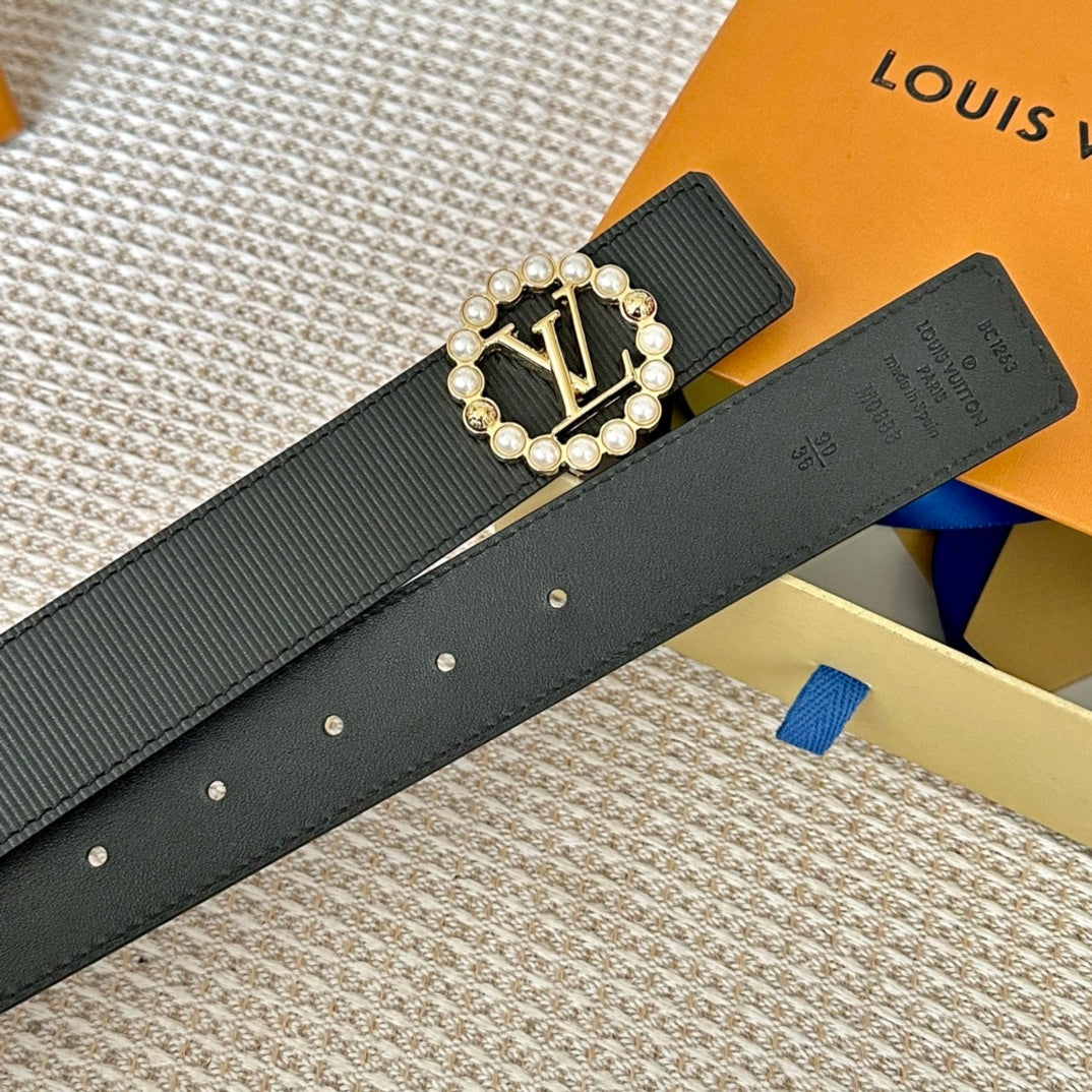 LV CIRCLE PEARL 35MM REVERSIBLE BELT IN BLACK CALFSKIN GOLD HARDWARE