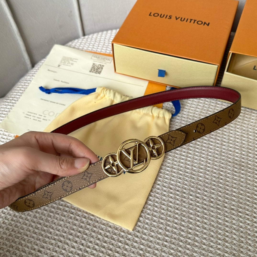 LV S-LOCK BELT 20 MM BROWN MONOGRAM AND AUBURN RED CALFSKIN GOLD HARDWARE