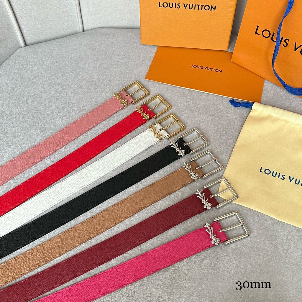 LV Bloom 30mm Belt Silver Buckle Burgundy Brown Leather