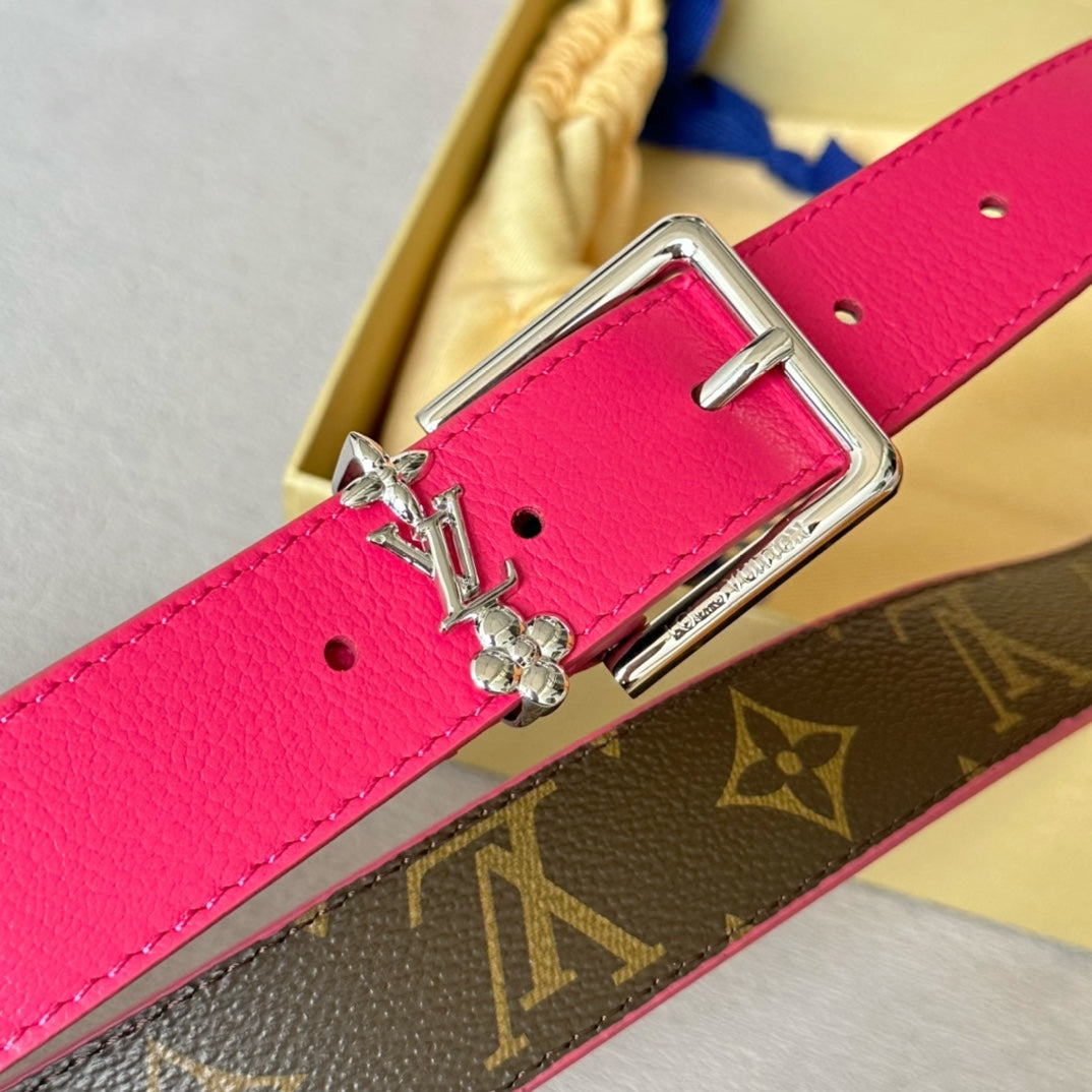 LV Bloom 30mm Belt Silver Buckle Hot Pink Brown Leather