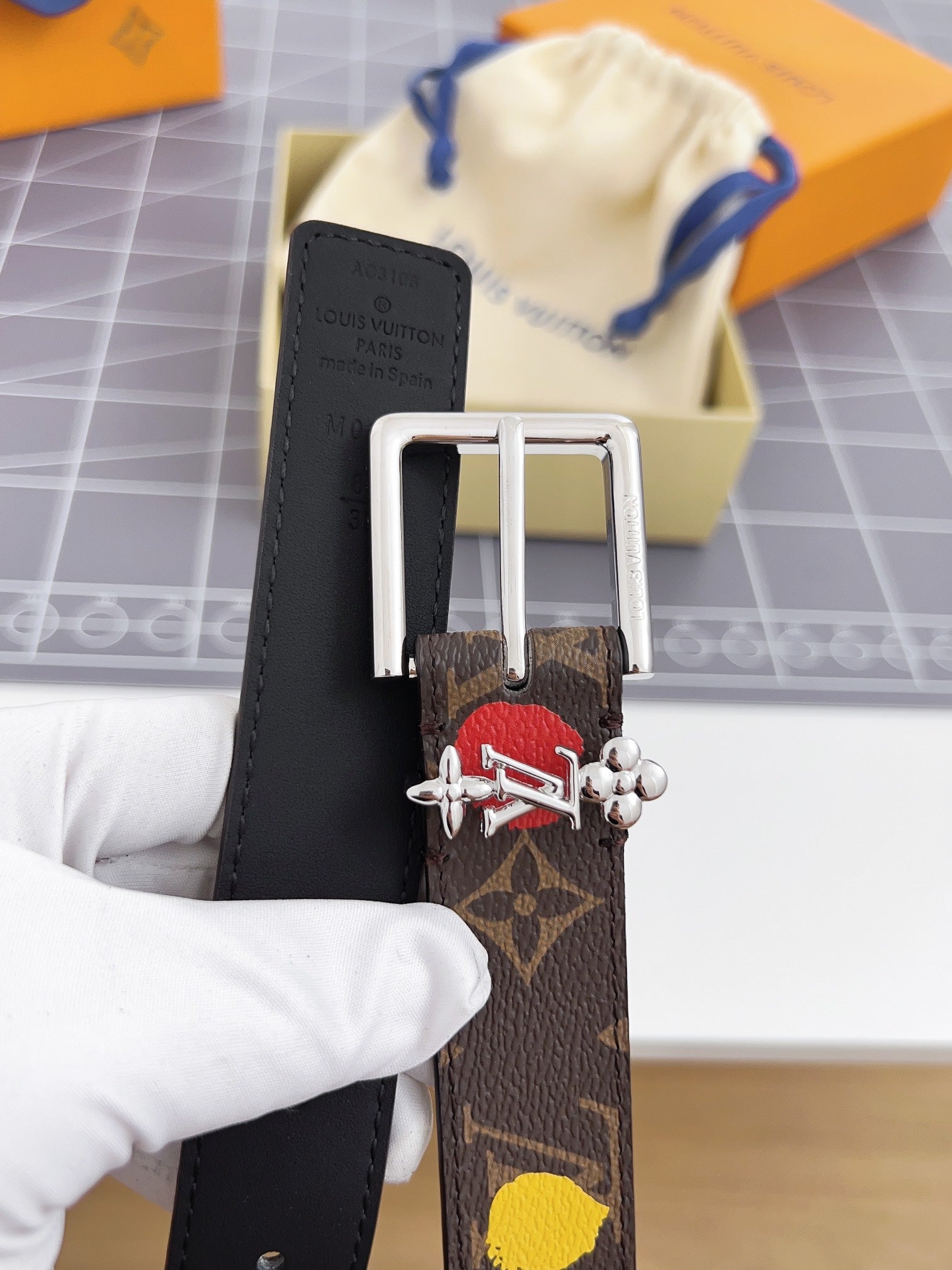 LV Bloom 30mm Mutilcolor Belt Silver Buckle Black Brown Leather