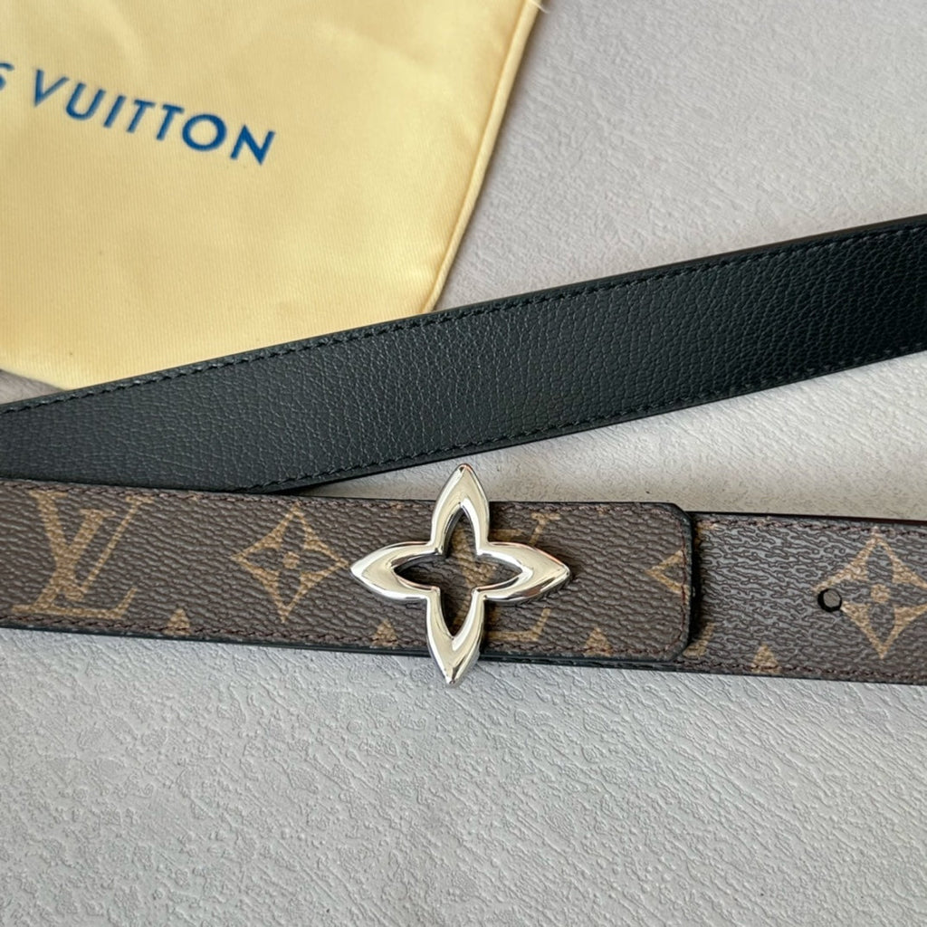 LV Flowergram 30mm Reversible Belt Silver Buckle Black Brown Leather