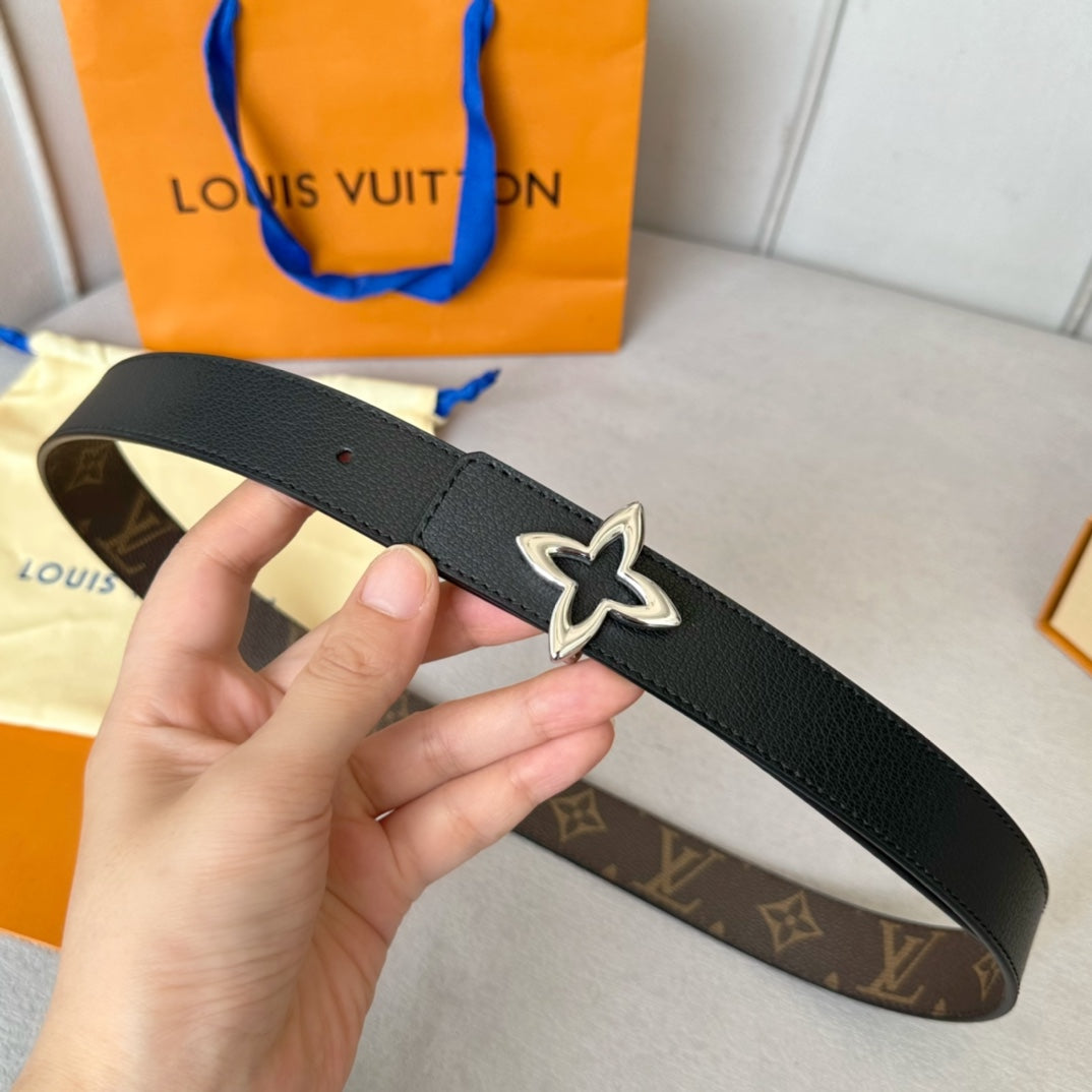 LV Flowergram 30mm Reversible Belt Silver Buckle Black Brown Leather