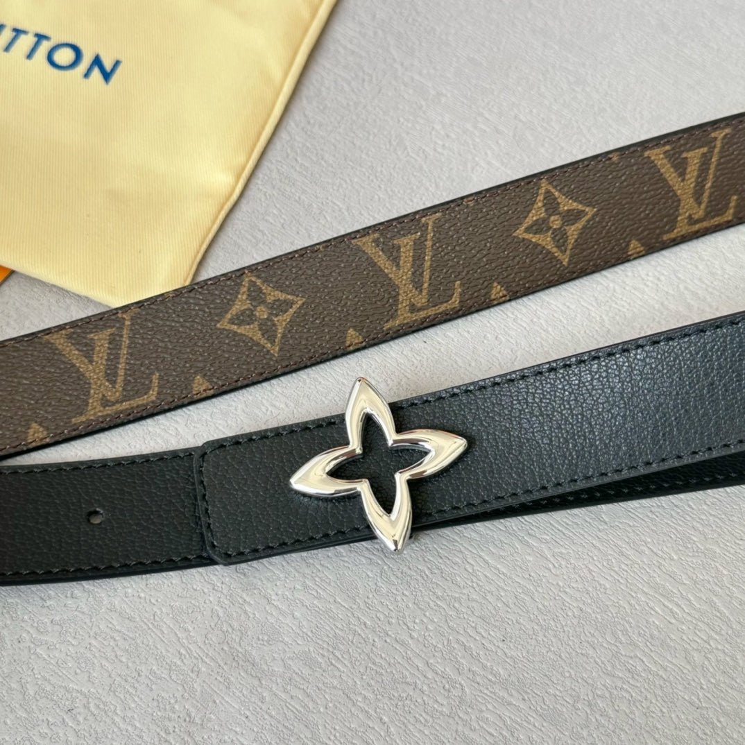 LV  MINI FLOWERGRAM 30MM REVERSIBLE BELT IN BLACK CALFSKIN SILVER HARDWARE