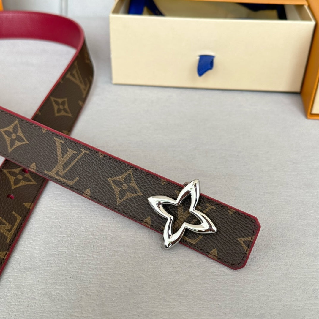 LV Flowergram 30mm Reversible Belt Silver Buckle Burgundy Brown Leather