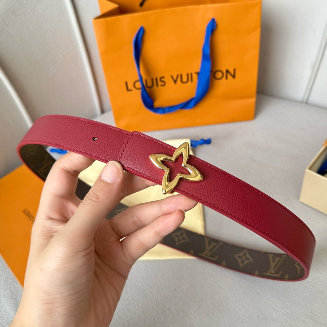 LV  MINI FLOWERGRAM 30MM REVERSIBLE BELT IN BLOOD RED CALFSKIN GOLD HARDWARE